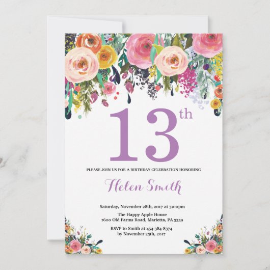 Floral 13th Birthday Invitation Paars Kaart (Voorkant)