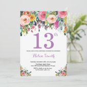 Floral 13th Birthday Invitation Paars Kaart (Staand voorkant)