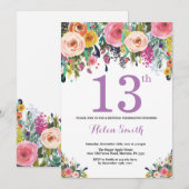 Floral 13th Birthday Invitation Paars Kaart (Voorkant / Achterkant)