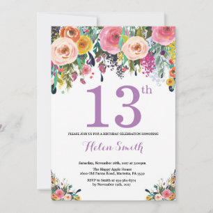 Floral 13th Birthday Invitation Paars Kaart