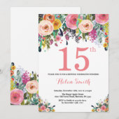 Floral 15e anniversaire Invitation rose (Devant / Derrière)