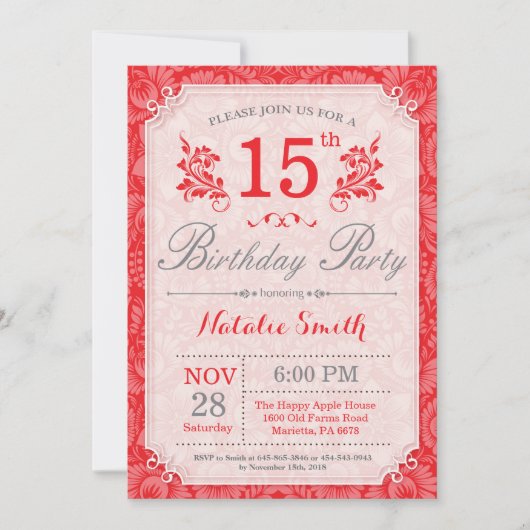 Floral 15e anniversaire Invitation Rouge pour les  (Devant)