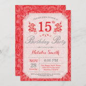 Floral 15e anniversaire Invitation Rouge pour les  (Devant / Derrière)
