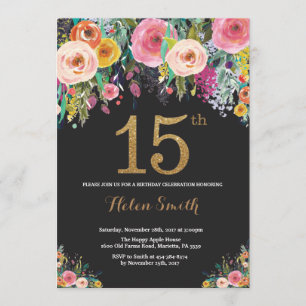 Floral 15th Birthday Invitation Gold Glitter Kaart