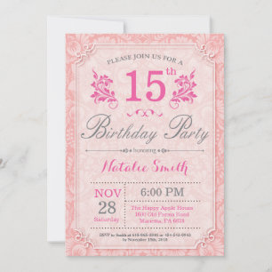 Floral 15th Birthday Invitation Pink for Women Kaart