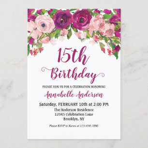 Floral 15th Birthday Paars Pink Chic Waterverf Kaart