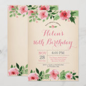 Floral 16e anniversaire Invitation Aquarelle rose (Devant / Derrière)