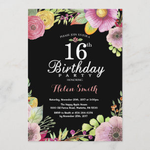 Floral 16e anniversaire Invitation pour les femmes