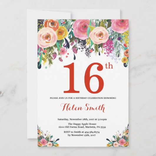 Floral 16e anniversaire Invitation Rouge (Devant)