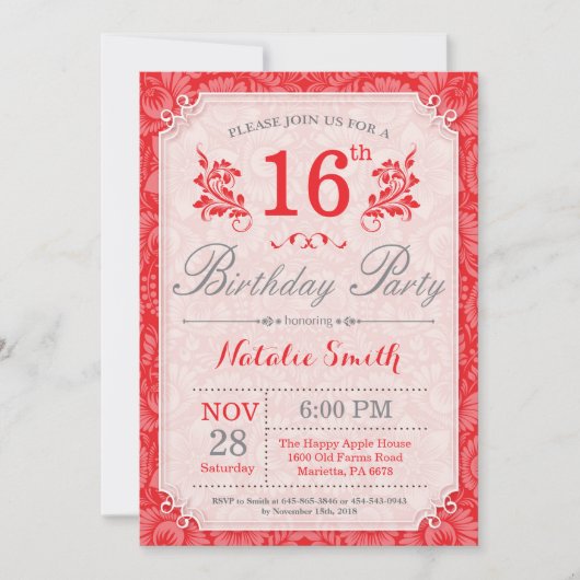 Floral 16e anniversaire Invitation Rouge pour les  (Devant)