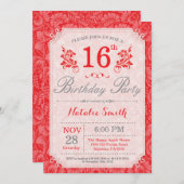 Floral 16e anniversaire Invitation Rouge pour les  (Devant / Derrière)