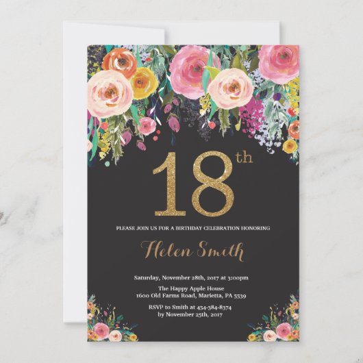Floral 18e anniversaire Invitation Parties scintil (Devant)