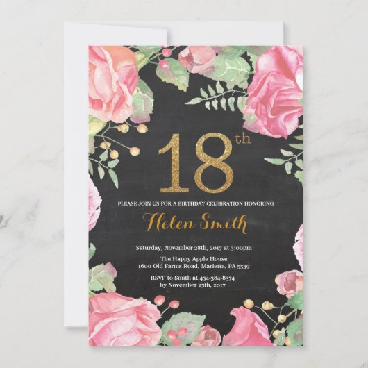 Floral 18e anniversaire Invitation Parties scintil (Devant)