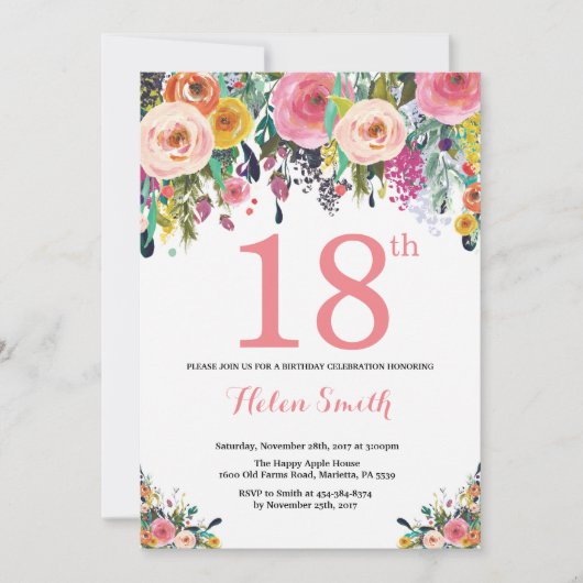 Floral 18e anniversaire Invitation rose (Devant)