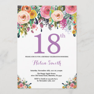 Floral 18e anniversaire Invitation violet