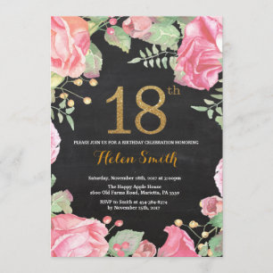 Floral 18th Birthday Invitation Gold Glitter Kaart