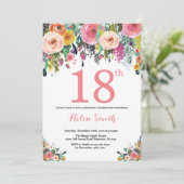 Floral 18th Birthday Invitation Pink Kaart (Staand voorkant)