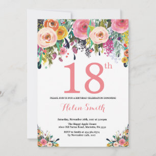 Floral 18th Birthday Invitation Pink Kaart