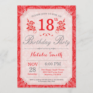 Floral 18th Birthday Invitation Red for Women Kaart
