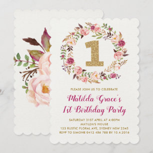 Floral 1er Anniversaire Fille Fête Invitation