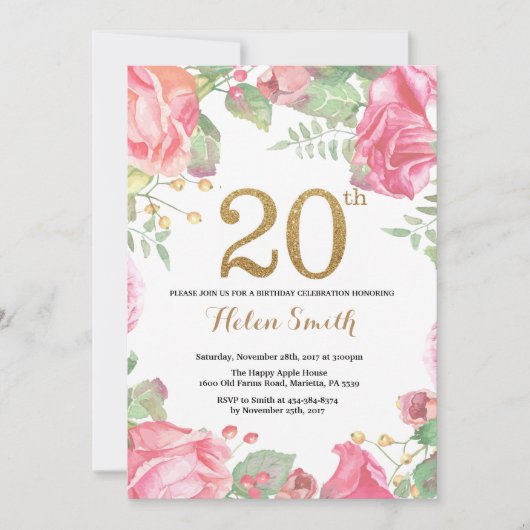 Floral 20e anniversaire Invitation Parties scintil (Devant)