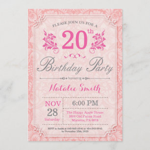Floral 20e anniversaire Invitation rose pour les f