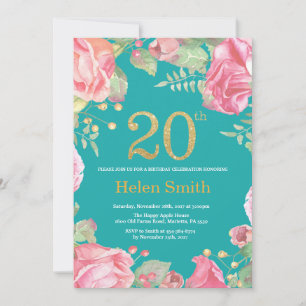 Floral 20th Birthday Gold Glitter en Blauwgroen Kaart