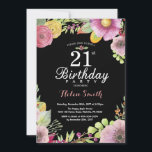 Floral 21e anniversaire Invitation pour femmes<br><div class="desc">Invitation Florale 21e Anniversaire pour les femmes. Aquarelle Floral, rose, noir arrière - plan de tableau noir. 13ème 16ème 18ème 21ème 30ème 40ème 50ème 60ème 70ème 80ème 90ème 100ème. N'Importe Quel Âge. Pour plus de personnalisation, cliquez sur le bouton "Customiser" et utilisez notre outil de conception pour modifier ce modèle....</div>
