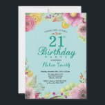 Floral 21e anniversaire Invitation pour femmes Tur<br><div class="desc">Invitation Florale 21e Anniversaire pour les femmes. Aquarelle Florale,  Turquoise Aqua Turquoise Arrière - plan. Pour plus de personnalisation,  cliquez sur le bouton "Customiser" et utilisez notre outil de conception pour modifier ce modèle.</div>