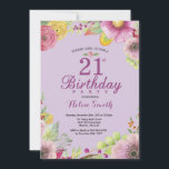 Floral 21e Anniversaire Invitation pour les femmes<br><div class="desc">Invitation Florale 21e anniversaire pour les femmes. Flore d'aquarelle,  Arrière - plan violet.
Pour plus de personnalisation,  cliquez sur le bouton "Customiser" et utilisez notre outil de conception pour modifier ce modèle.</div>