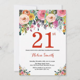 Floral 21e anniversaire Invitation Rouge