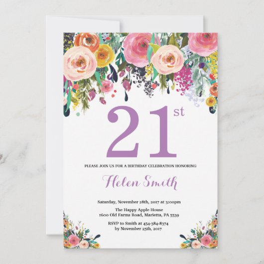 Floral 21e anniversaire Invitation violet (Devant)