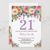 Floral 21e anniversaire Invitation violet (Devant / Derrière)
