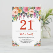 Floral 21st Birthday Invitation Red Kaart (Staand voorkant)