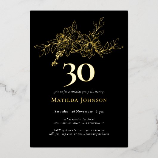 Floral 30e anniversaire Gold Foil Invitation (Recto)