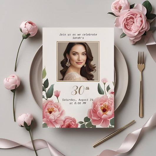 Floral 30e anniversaire Invitation avec photo