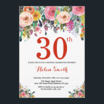 Floral 30e anniversaire Invitation rouge<br><div class="desc">Floral 30th Birthday Invitation for Women. Fleur florale aquarelle. Rouge, Rose, Jaune, Orange, Fleur Violet. Anniversaire adulte. 30ème 40ème 50ème 60ème 70ème 80ème 90ème 100ème 13ème 15ème 16ème 18ème 20ème 21ème N'importe quel âge. Pour plus de personnalisation, cliquez sur le bouton "Customiser" et utilisez notre outil de conception pour modifier...</div>