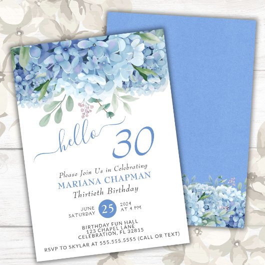 Floral 30th Birthday Blue Hydrangeas Waterverf Kaart