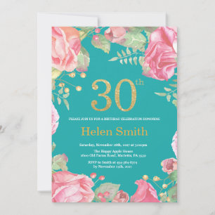 Floral 30th Birthday Gold Glitter en Blauwgroen Kaart