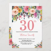 Floral 30th Birthday Invitation Pink Kaart (Voorkant / Achterkant)