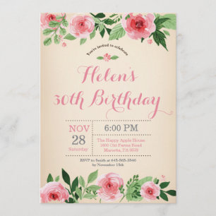 Floral 30th Birthday Invitation Pink Waterverf Kaart