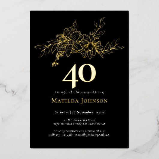 Floral 40e anniversaire Gold Foil Invitation (Recto)