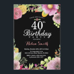 Floral 40e anniversaire Invitation pour les femmes<br><div class="desc">Invitation Florale 40e anniversaire pour les femmes. Aquarelle Floral, rose, noir arrière - plan de tableau noir. 13ème 16ème 18ème 21ème 30ème 40ème 50ème 60ème 70ème 80ème 90ème 100ème. N'Importe Quel Âge. Pour plus de personnalisation, cliquez sur le bouton "Customiser" et utilisez notre outil de conception pour modifier ce modèle....</div>