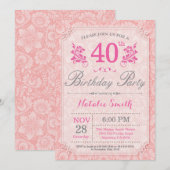 Floral 40e anniversaire Invitation rose pour les f (Devant / Derrière)