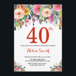 Floral 40e anniversaire Invitation rouge<br><div class="desc">Invitation Florale 40e anniversaire pour les femmes. Fleur florale aquarelle. Rouge, Rose, Jaune, Orange, Fleur Violet. Anniversaire adulte. 30ème 40ème 50ème 60ème 70ème 80ème 90ème 100ème 13ème 15ème 16ème 18ème 20ème 21ème N'importe quel âge. Pour plus de personnalisation, cliquez sur le bouton "Customiser" et utilisez notre outil de conception pour...</div>