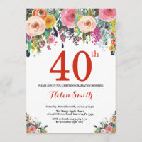 Floral 40e anniversaire Invitation rouge