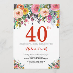 Floral 40e anniversaire Invitation rouge