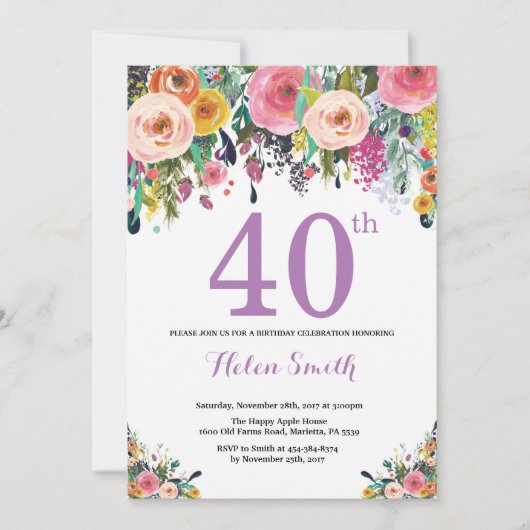 Floral 40e anniversaire Invitation violet (Devant)