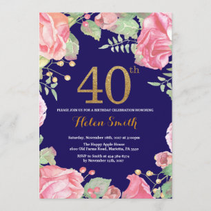 Floral 40th Birthday Gold Glitter Navy Blue Kaart