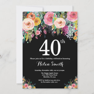 Floral 40th Birthday Invitation Kaart
